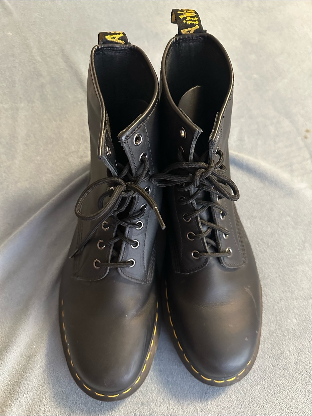 Dr. Martens Black Leather Lace-Up Boots with Yellow Stitching